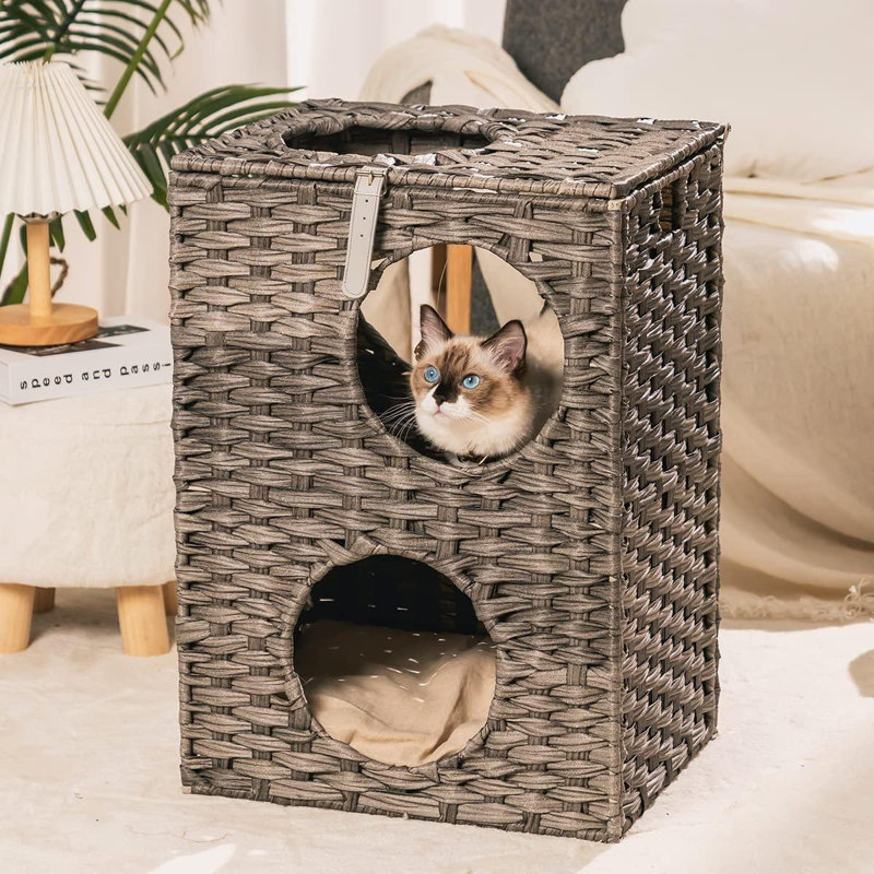 Glaustoncn Cat House Wicker Cat Bed For Indoor Cats Woven Rattan Cat